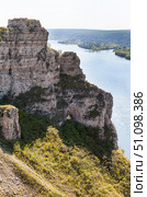 View of the natural landmark - the steep White Rocks along the bank of the Siberian Belaya River, near the village of Kholmushino, Usolye-Sibirskoye district. Scenic landscape. Summer travels and outdoor. Стоковое фото, фотограф Виктория Катьянова / Фотобанк Лори