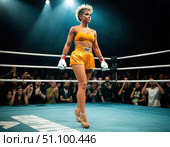 A woman in a yellow outfit is walking into a boxing ring. Стоковое AI-изображение, AI-художник Ярославский Максим / Фотобанк Лори