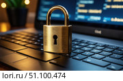 A laptop with a gold key on the keyboard. Стоковое AI-изображение, AI-художник Ярославский Максим / Фотобанк Лори