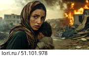 Mother and child in crisis amidst war-torn environment. Стоковое AI-изображение, AI-художник Сергей Бирюков / Фотобанк Лори