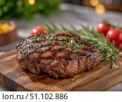 Delicious grilled steak served on a wooden board with fresh herbs and seasonings. Стоковое AI-изображение, AI-художник Татьяна  Бральнина / Фотобанк Лори