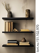Minimalistic shelves on the wall with old books and retro dйcor home vintage Interior Design. Стоковое AI-изображение, AI-художник Елена Гоосен / Фотобанк Лори