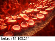 Venous vessel or capillary with cells red blood cells close up human immune system Medical microbiological background. Стоковое AI-изображение, AI-художник Елена Гоосен / Фотобанк Лори