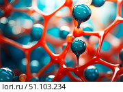 Microbiological background with red and blue molecules in cells. Стоковое AI-изображение, AI-художник Елена Гоосен / Фотобанк Лори