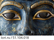 Close up of tutankhamun's golden mask showing intricate details and eyes. Стоковое AI-изображение, AI-художник Иван Рябоконь / Фотобанк Лори