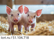 Two piglets standing on straw in a barn. Стоковое AI-изображение, AI-художник Иван Рябоконь / Фотобанк Лори
