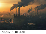 Industrial pollution at sunset polluting the atmosphere. Стоковое AI-изображение, AI-художник Иван Рябоконь / Фотобанк Лори