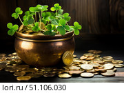 Pot of gold coins overflowing with shamrocks symbolizing financial success. Стоковое AI-изображение, AI-художник Иван Рябоконь / Фотобанк Лори