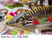 Festive fish dish sturgeon stuffed with oranges. Стоковое фото, фотограф Наталия Кирсанова / Фотобанк Лори