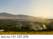 Forest fires smoke over the trees smoke on a background of trees and mountains. Стоковое фото, фотограф Feruza Tashmetova / Фотобанк Лори