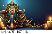 Ornate Ganesha with Diya lamp for Diwali celebration. Стоковое AI-изображение, AI-художник Лариса Пономарева / Фотобанк Лори