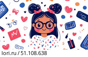 Vibrant cartoon illustration of happy girl with pigtails and glasses, surrounded by whimsical doodles of education, technology, and personal items like calculators, hearts, and creative tools on clean. Стоковое AI-изображение, AI-художник Данила Большаков / Фотобанк Лори