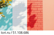 Vibrant abstract wall with teal, white brick, red brick, and peach sections, artfully illuminated by sunlight and dynamic leaf shadows, creating cheerful, modern background. Стоковое AI-изображение, AI-художник Данила Большаков / Фотобанк Лори