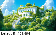 Serene White Manor House Embraced by Flourishing Green Vines and Botanical Gardens on Scenic Hilltop Beneath Bright Cloud-Dappled Sky. Стоковое AI-изображение, AI-художник Данила Большаков / Фотобанк Лори