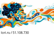 Vibrant artistic portrait of serene face exhaling cascade of abstract colorful waves and flowing lines, symbolizing expressive freedom and dynamic energy. Стоковое AI-изображение, AI-художник Данила Большаков / Фотобанк Лори