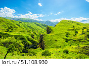 Picturesque landscape of green mountains and geological fault. North Caucasus. Стоковое фото, фотограф Константин Лабунский / Фотобанк Лори