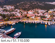 Aerial view of Kas along Aegean shoreline at sunset, Turkey. Стоковое фото, фотограф Яков Филимонов / Фотобанк Лори