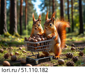 Two squirrels are standing in a forest. Стоковое AI-изображение, AI-художник Ярославский Максим / Фотобанк Лори