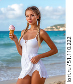 A woman is holding an ice cream cone on a beach. Стоковое AI-изображение, AI-художник Ярославский Максим / Фотобанк Лори