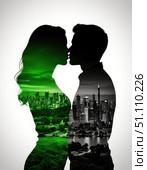 A man and woman kiss in a cityscape. Стоковое AI-изображение, AI-художник Ярославский Максим / Фотобанк Лори