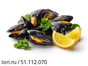 Mussels isolated on white background. Gourmet Spicy Mussels opened garnished with fresh green parsley and lemon slices served. Asian Style. Delicious seafood. Clams in the shells. Shellfish food. Стоковое AI-изображение, AI-художник Марина Демидюк / Фотобанк Лори