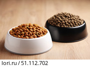 Brown Kibble Pet Food in Two White and Black Bowls. Lot of Dry Granules of Crunchy Dog or Cat Food. Animal Feed Pile. Pet Shop, Delivery. Healthy Treat. Feline Feeding. Domestic Animals Food Banner. Стоковое AI-изображение, AI-художник Марина Демидюк / Фотобанк Лори