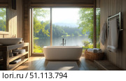 Modern luxury bathroom with picture window overlooking a tranquil lake and lush forest. Стоковое AI-изображение, AI-художник Михаил Коханчиков / Фотобанк Лори