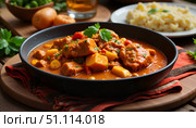 Beef curry with thick gravy served in a black bowl on a wooden table. Стоковое AI-изображение, AI-художник DeFusum / Фотобанк Лори
