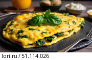 Cheddar and spinach omelette served on a dark plate with basil. Стоковое AI-изображение, AI-художник DeFusum / Фотобанк Лори
