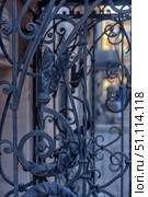 A fragment of a forged lattice with an elegant pattern. The black metal is made in the form of spirals and decorative elements with plant motifs. In the foreground, forging details are clearly visible - leaves, curls and smooth lines reflecting the skill of the blacksmith. The background is blurred, which creates an emphasis on the texture and artistry of the iron, and also gives the photo the atmosphere of an ancient city and architectural style. The image is perfect for topics related to architecture, design, history, decorative art and urban space. Стоковое фото, фотограф Анна Кривицкая / Фотобанк Лори