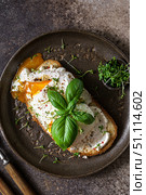bruschetta with cottage cheese, poached egg and basil. Стоковое фото, фотограф Julia Lavleis / Фотобанк Лори