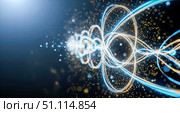 Abstract background with quantum physics energy flow. Futuristic illustration of light trails, particles, and atomic structure for science and technology concept design. Стоковое AI-изображение, AI-художник Павел Муравьев / Фотобанк Лори