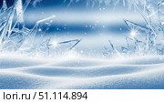 Magical winter landscape with sparkling ice crystals in deep snow, festive christmas holiday background for greeting card, banner or invitation. Стоковое AI-изображение, AI-художник Павел Муравьев / Фотобанк Лори