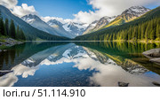 Beautiful mountain lake with perfect reflection of snow capped peaks. Pristine alpine landscape with clear water and green forest under blue sky. Стоковое AI-изображение, AI-художник Павел Муравьев / Фотобанк Лори
