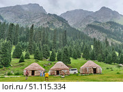 Traditional yurts set in a green valley of Barskoon Gorge, Kyrgyzstan. Редакционное фото, фотограф Ирина Кононова / Фотобанк Лори