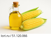 A bottle of clear glass corn oil with a stopper is located next to two ears of corn in green husks. The brightness of the components on a white background . Стоковое AI-изображение, AI-художник Светлана  Громак / Фотобанк Лори