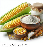 A still life with various corn products: two ears in husks, a bowl with grains, a bowl with starch and a can of milk, located on a burlap on a white background. Стоковое AI-изображение, AI-художник Светлана  Громак / Фотобанк Лори