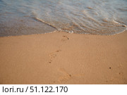 Footprints slowly disappearing beneath gentle ocean waves washing over the sandy beach, creating a tranquil scene that captures the essence of impermanence and solitude. Стоковое фото, фотограф Ольга Ильина / Фотобанк Лори