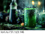 Spooky halloween punch with spiders and cobwebs brewing in a cauldron. Стоковое AI-изображение, AI-художник Иван Рябоконь / Фотобанк Лори