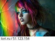 Rainbow hair girl showing colorful makeup and style. Стоковое AI-изображение, AI-художник Иван Рябоконь / Фотобанк Лори