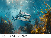 Great white shark swimming through sunlit kelp forest. Стоковое AI-изображение, AI-художник Иван Рябоконь / Фотобанк Лори