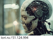 Advanced humanoid robot showing internal mechanics and wiring. Стоковое AI-изображение, AI-художник Иван Рябоконь / Фотобанк Лори