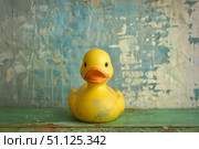 Yellow rubber duck sitting on green rustic shelf with abstract background. Стоковое AI-изображение, AI-художник Иван Рябоконь / Фотобанк Лори