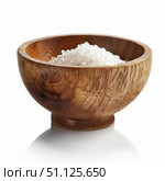 Himalayan pink salt crystals piled in wooden bowl on white background. Стоковое AI-изображение, AI-художник Иван Рябоконь / Фотобанк Лори