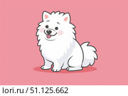 Cute white pomeranian dog sitting and panting on pink background. Стоковое AI-изображение, AI-художник Иван Рябоконь / Фотобанк Лори