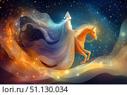 Волшебный Дед Мороз на сказочном коне, лунная звездная зимняя ночь. Стоковое AI-изображение, AI-художник Щеголева Ольга / Фотобанк Лори