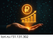 Рука держит голограмму графика роста с символом рубля. Цифровой рубль. Стоковое AI-изображение, AI-художник Башкирова Анна / Фотобанк Лори