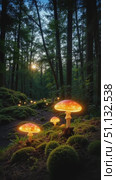 Светящиеся грибы в лесу в сумерках / Luminous mushrooms glowing in forest during twilight hours. Стоковое AI-видео, аниматор DeFusum / Фотобанк Лори