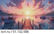 Живописный пирс с лодками на закате с отражением в спокойной воде / Scenic pier with boats at sunset reflecting in calm water. Стоковое AI-видео, аниматор DeFusum / Фотобанк Лори