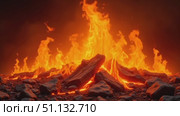 Струящаяся лава и пламя среди скал в вулканическом пейзаже / Flowing lava and flames with rocks in a volcanic landscape - Concept of fireplace. Стоковое AI-видео, аниматор DeFusum / Фотобанк Лори